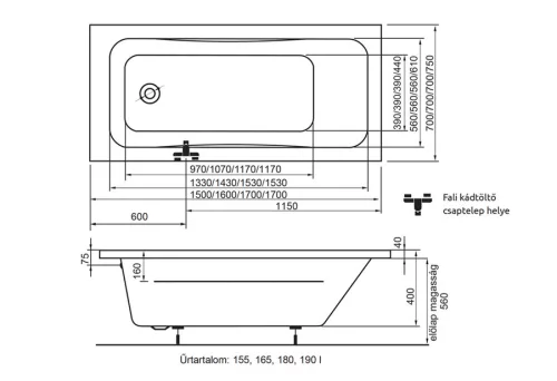 Kád 170cm-70cm, egyenes, akril, Danuta