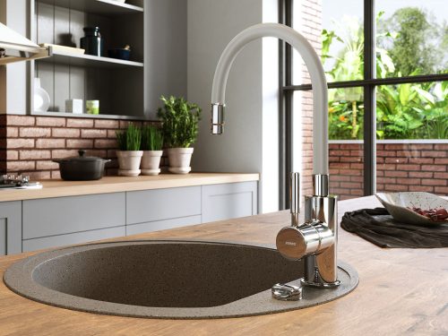 Álló mosogatócsaptelep elasztikus kifolyóval, Zumba, Szürke, Ferro