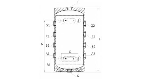 Sunsystem fűtés-hűtés puffertartály, hőcserélő nélkül, szig., 50l álló/fali*