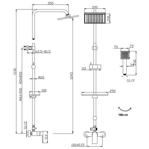 Zuhanyrendszer csapteleppel, fej- és kézizuhannyal, Algeo Square, Ferro