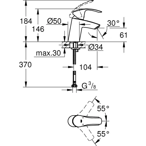 Mosdó csaptelep leeresztőszelep nélkül S, EuroSmart D 2015 króm, Grohe-32467002
