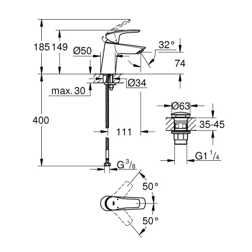 Mosdó csaptelep push-open S, EuroSmart D króm, Grohe