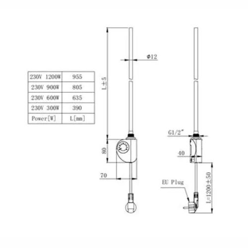 Calidum Pro fűtőpatron, 600 W, törölközős radiátorhoz, matt fekete