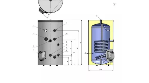 Indirekt tároló, álló, 750l kerek, 1 hőcserélővel, Eldom S750 12kW fűtőbetéttel