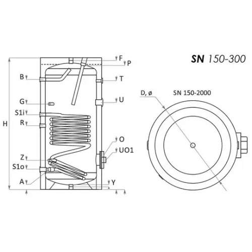 Indirekt tároló, álló, 150l kerek, 1 hőcserélő, Sunsystem SN150