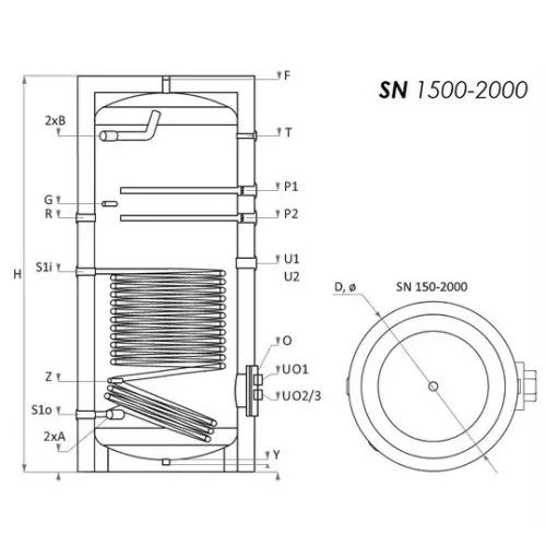 Indirekt tároló, álló, 1500l kerek, 1 hőcserélő, Sunsystem SN1500