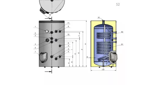 Indirekt tároló, álló, 1000l kerek, 2 hőcserélővel, Eldom S21000 12kW fűtőbetét